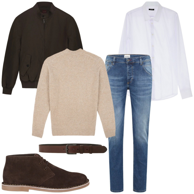 Outfit uomo - Pranzo a casa dei nonni. Stile Casual per Tutti i giorni. Abbinamento con jeans dritti, camicie, cinture, stivali e stivaletti, bomber, maglieria.