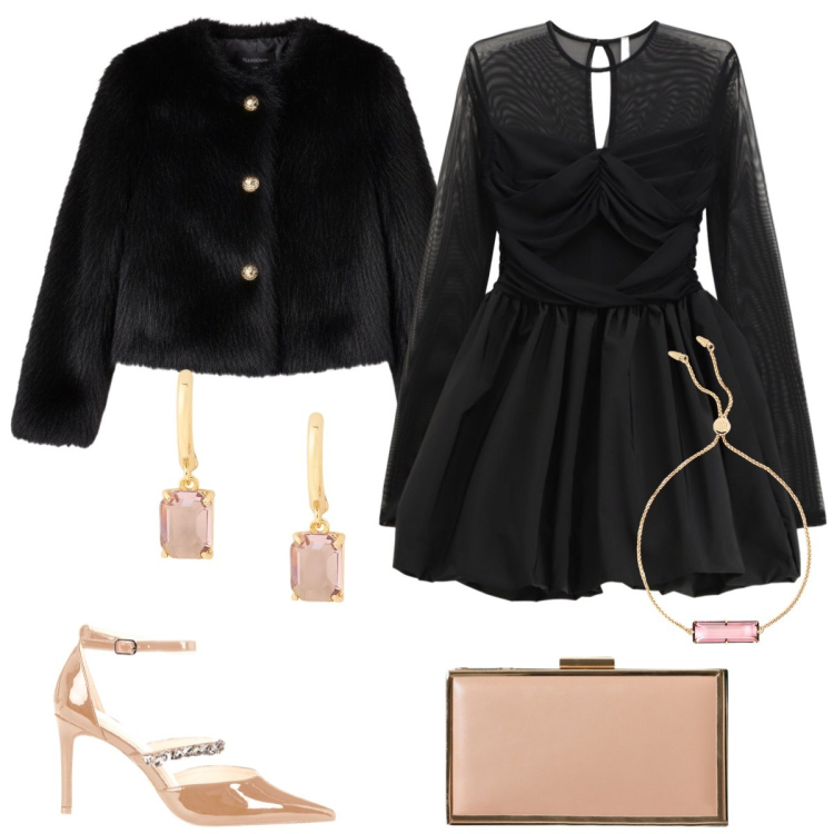Outfit donna - Veglione di Capodanno. Stile Glamour per Serata fuori. Abbinamento con pochette, décolleté, ecopellicce, vestiti corti, braccialetti, orecchini.