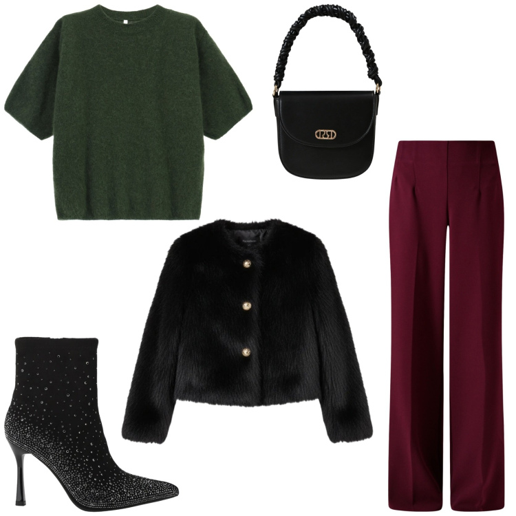 Outfit donna - Perfetta da mattina a sera. Stile Chic per Tutti i giorni. Abbinamento con pantaloni a palazzo, borse a mano, ecopellicce, stivaletti, maglieria.