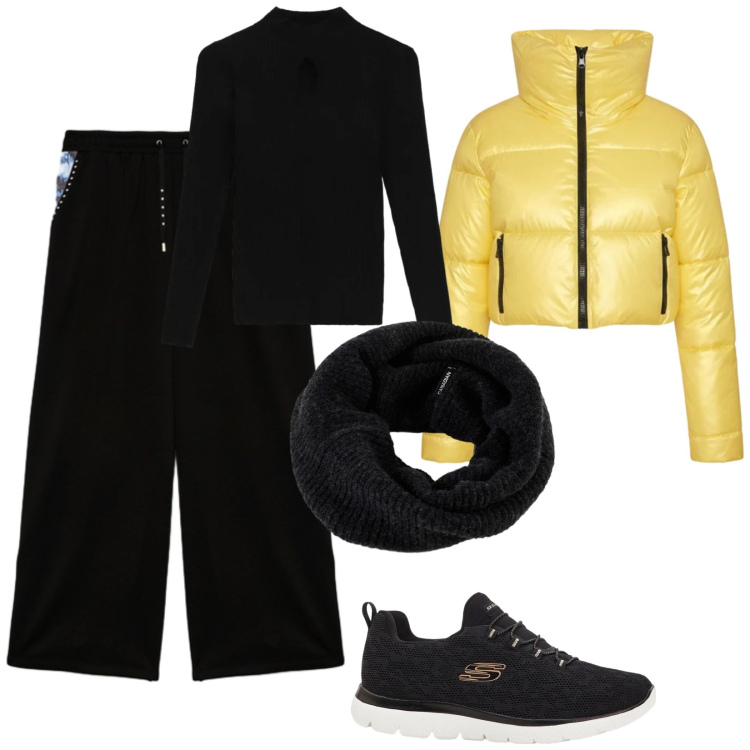 Outfit donna - Giallo e nero. Stile Trendy per Tutti i giorni. Abbinamento con sneakers, maglieria, piumini, scaldacollo, pantaloni a palazzo.