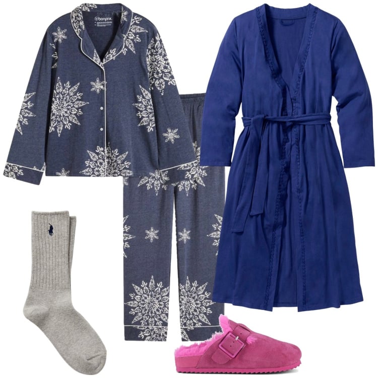 Outfit donna - Notte Curvy. Stile Basic per Tutti i giorni. Abbinamento con vestaglie, pigiama, calzini, sabot.