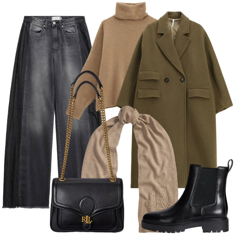 Outfit donna - Cappotto verde. Stile Casual chic per Tutti i giorni. Abbinamento con jeans, maglieria, cappotti, stivaletti chelsea, borse a spalla, sciarpe.