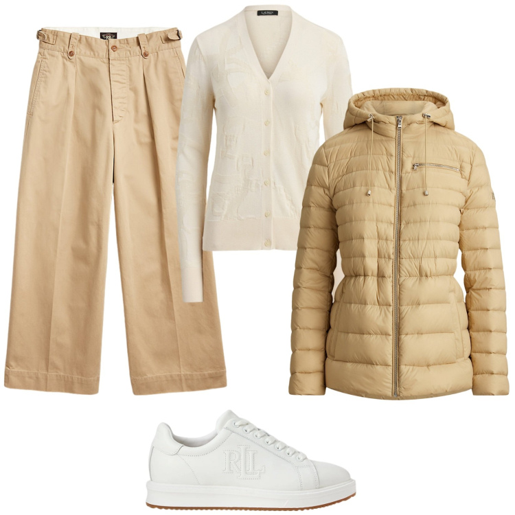 Outfit donna - Beige su beige. Stile Casual per Tutti i giorni. Abbinamento con pantaloni, sneakers, piumini, cardigans.