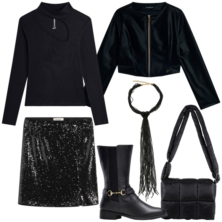 Outfit donna - Total look #2303808. Stile Rock per Serata fuori. Abbinamento con stivali, minigonne, collane, blazer, maglieria, borse a spalla.