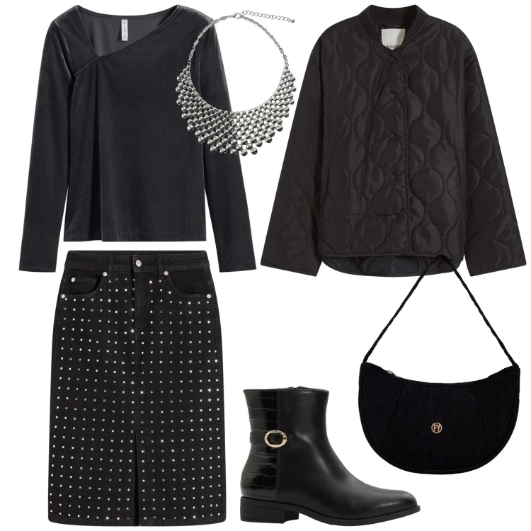 Outfit donna - Total look #2303817. Stile Glamour per Serata fuori. Abbinamento con giacche, gonne longuette, stivaletti, maglieria, collane, borse a mano.