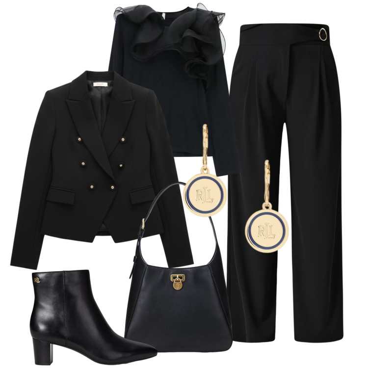 Outfit donna - Nero, oro e volant. Stile Chic per Serata fuori. Abbinamento con pantaloni a palazzo, blazer, t-shirt, borse a spalla, stivaletti, orecchini.