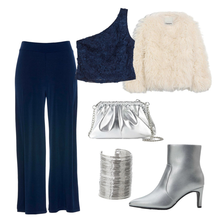 Outfit donna - Blu e argento. Stile Chic per Serata fuori. Abbinamento con pantaloni culotte, top, ecopellicce, stivaletti, borse a tracolla, braccialetti.