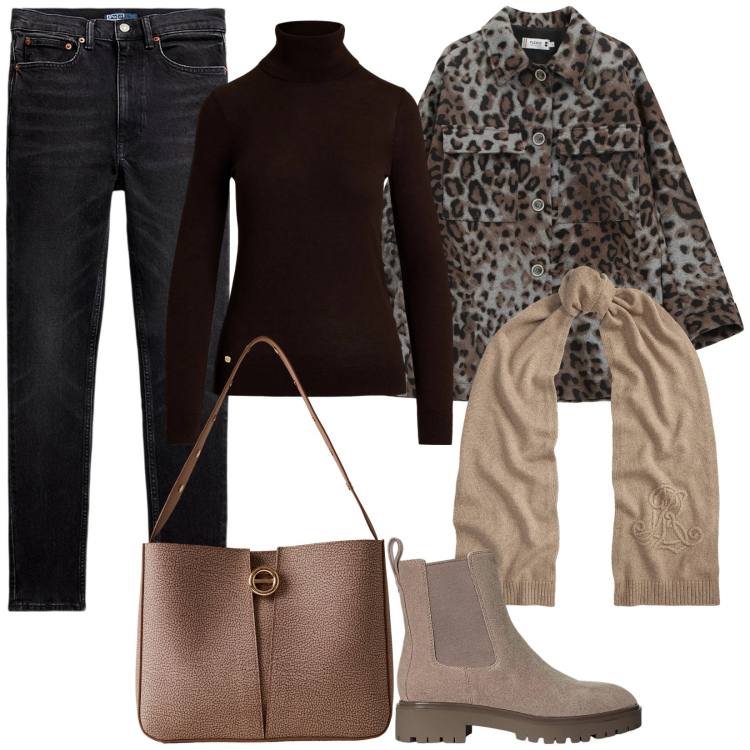 Outfit donna - Cappotto leopardato. Stile Trendy per Tutti i giorni. Abbinamento con cappotti, borse a secchiello, maglieria, jeans slim fit, stivaletti chelsea, sciarpe.