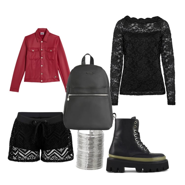 Outfit donna - Un tocco di colore sul nero. Stile Casual chic per Tutti i giorni. Abbinamento con maglieria, pantaloni corti, braccialetti, giacche, zaini, anfibi.