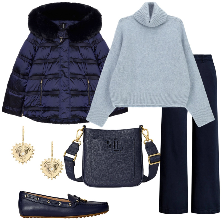 Outfit donna - Il maglione caldo e avvolgente. Stile Casual per Ufficio. Abbinamento con maglieria, pantaloni, borse a tracolla, mocassini, orecchini, piumini.