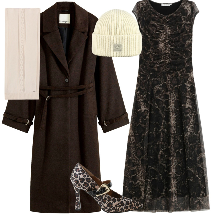 Outfit donna - Saturday party. Stile Glamour per Serata fuori. Abbinamento con cappotti, vestiti lunghi, décolleté, sciarpe, berretti.