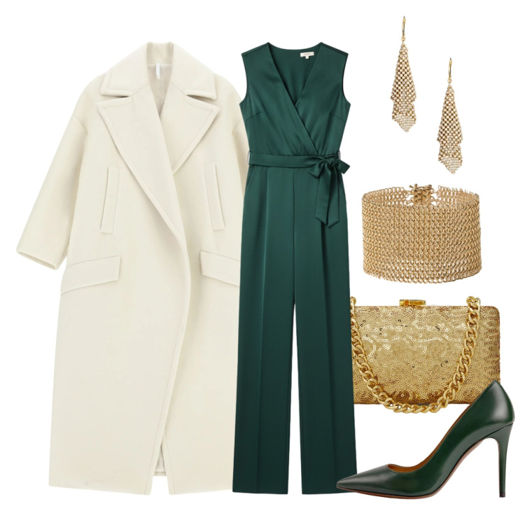 Outfit donna - Sofisticato e moderno. Stile Glamour per Serata fuori. Abbinamento con tute, cappotti, décolleté, clutch, braccialetti, orecchini.