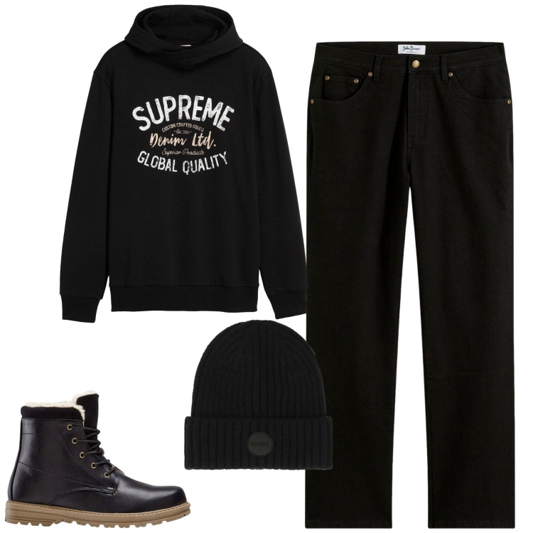 Outfit uomo - Total look #2303830. Stile Casual per Tutti i giorni. Abbinamento con jeans dritti, stivali e stivaletti, felpe con cappuccio, cappelli.