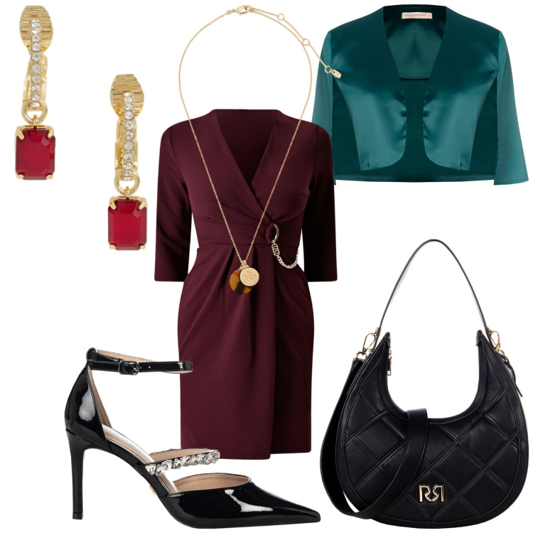 Outfit donna - Total look #2303834. Stile Glamour per Serata fuori. Abbinamento con borse a tracolla, bolero, vestiti, décolleté, collane, orecchini.