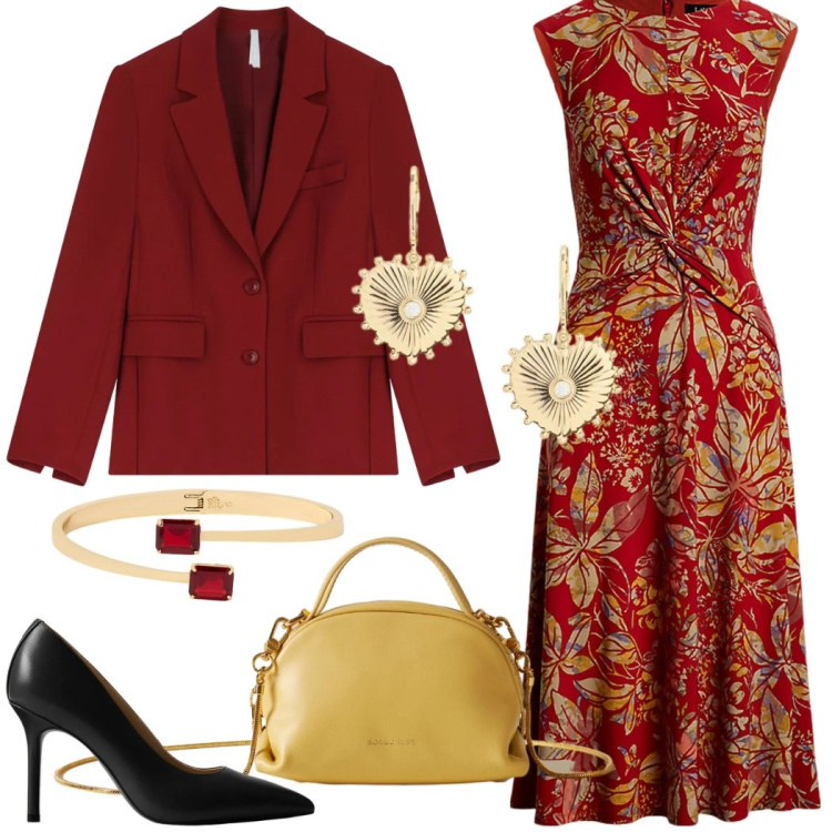 Outfit donna - Rosso e oro per Natale. Stile Chic per Serata fuori. Abbinamento con blazer, borse a mano, vestiti, braccialetti, décolleté, orecchini.