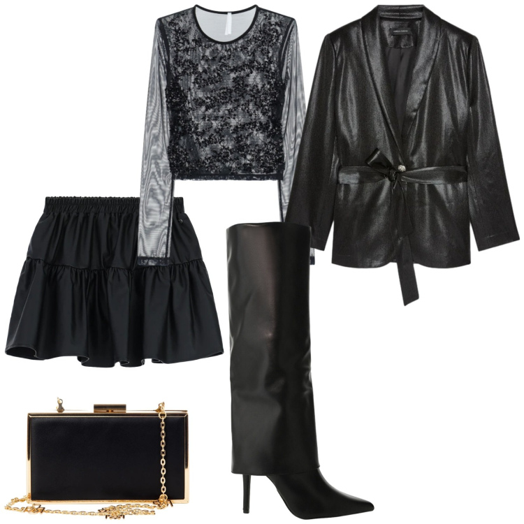 Outfit donna - Stivali alti con tacco. Stile Chic per Serata fuori. Abbinamento con minigonne, pochette, stivali, bluse, blazer.