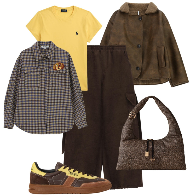 Outfit donna - Un tocco di giallo. Stile Casual per Tutti i giorni. Abbinamento con camicie, pantaloni a palazzo, giacche, borse a spalla, sneakers, t-shirt.