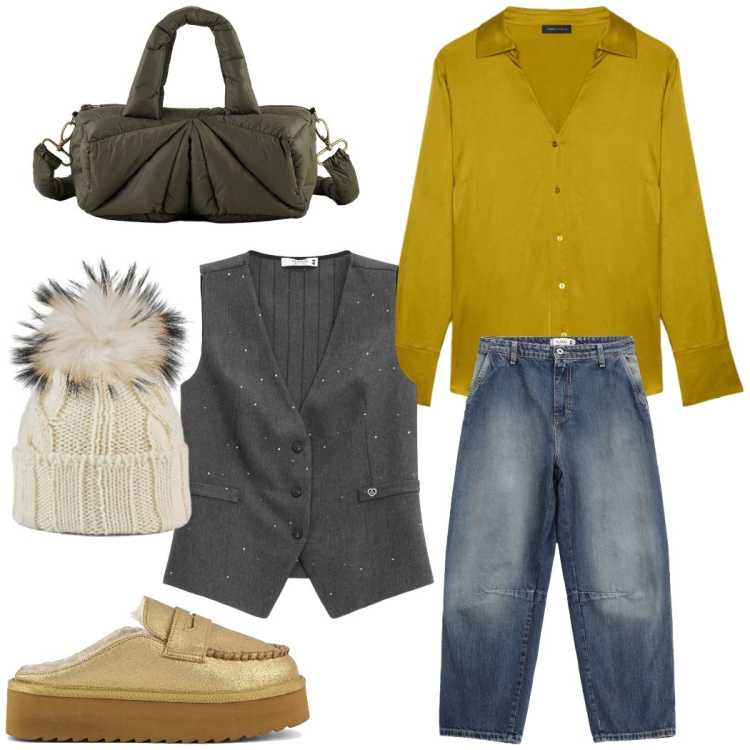 Outfit donna - Total look #2303840. Stile Casual chic per Tutti i giorni. Abbinamento con jeans, gilet, berretti, borse a mano, camicie, mocassini.