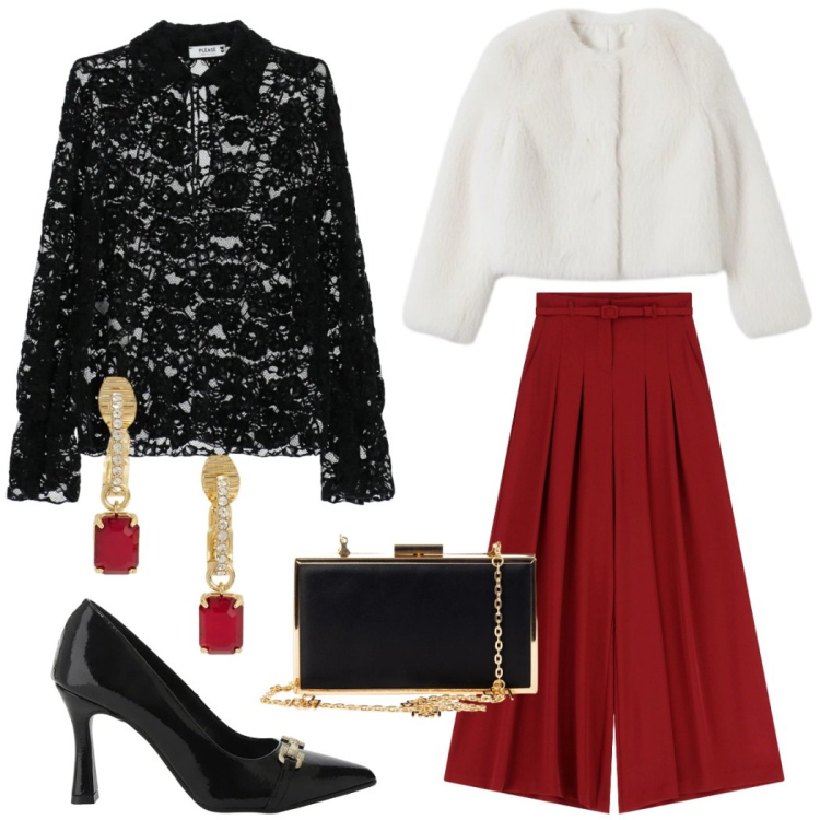 Outfit donna - Feste chic. Stile Chic per Serata fuori. Abbinamento con camicie, pochette, ecopellicce, pantaloni a palazzo, décolleté, orecchini.