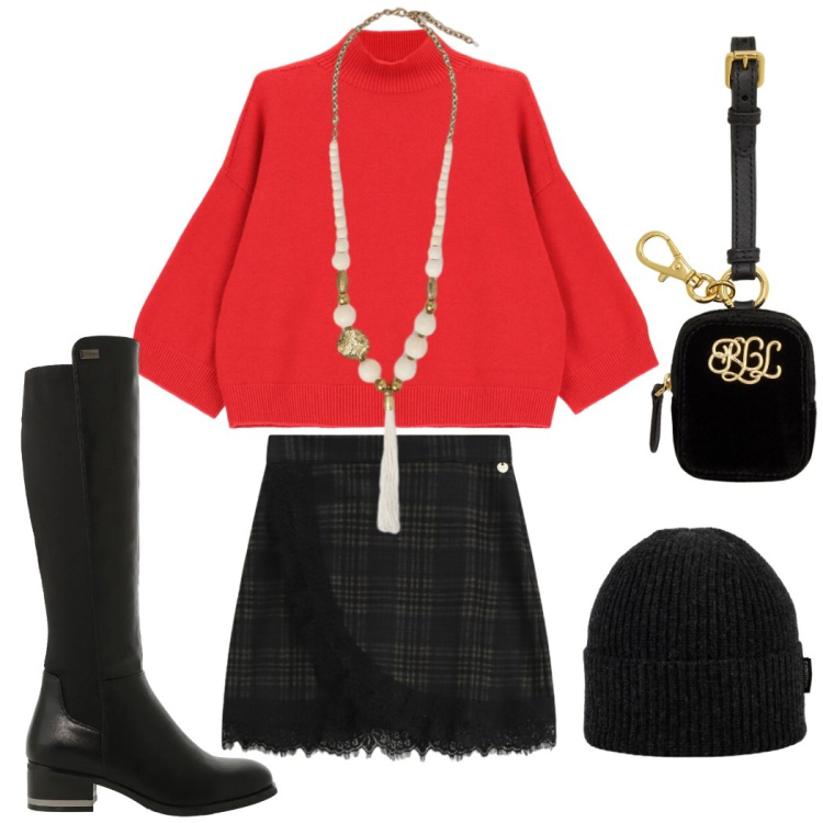 Outfit donna - Aria di festa. Stile Casual chic per Serata fuori. look ideale per Petite. Abbinamento con minigonne, maglieria, stivali sopra il ginocchio, pochette, berretti, ciondoli.