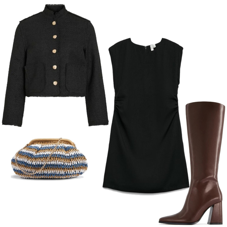 Outfit mujer - Casual chic #20117. Estilo Casual chic para Noche/Fiesta elegante. Combinación con bolsos de mano, blazers, vestidos cortos, botas.