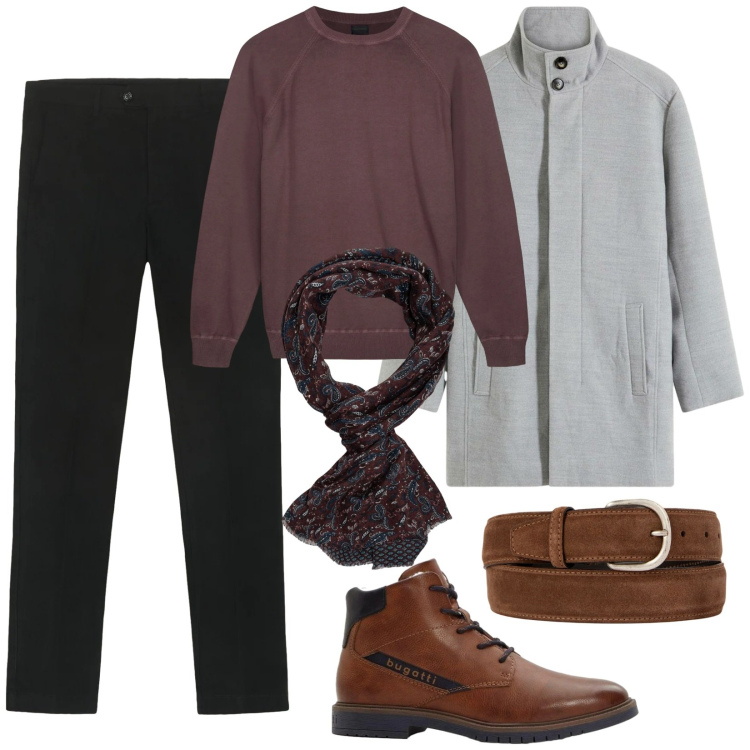 Outfit uomo - Il cappotto protagonista. Stile Urban per Tutti i giorni. Abbinamento con cappotti, anfibi, cinture, maglieria, pantaloni chino, sciarpe.