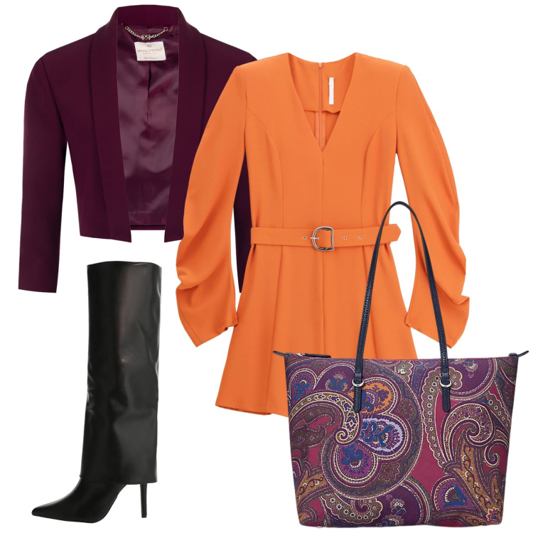Outfit donna - Aperitivo. Stile Casual chic per Serata fuori. Abbinamento con blazer, vestiti corti, stivali, borse tote.