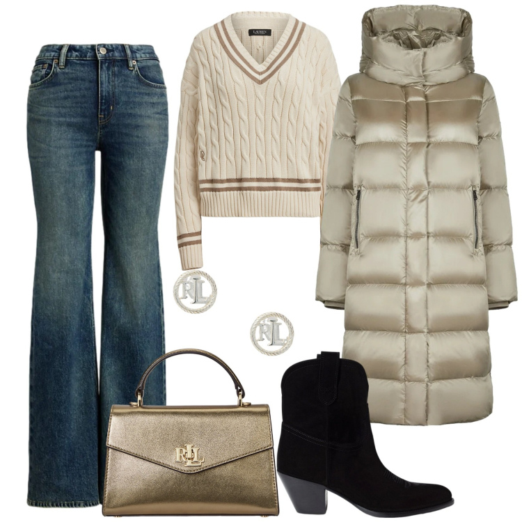 Outfit donna - Borsa dorata. Stile Bon Ton per Tutti i giorni. Abbinamento con orecchini, jeans, borse a mano, maglieria, stivaletti, cappotti.