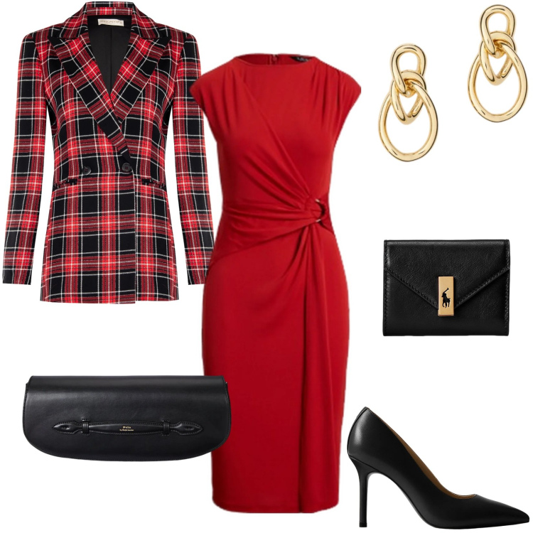 Outfit donna - Rosso a dicembre. Stile Minimal per Serata fuori. Abbinamento con blazer, vestiti, clutch, portafogli, décolleté, orecchini.