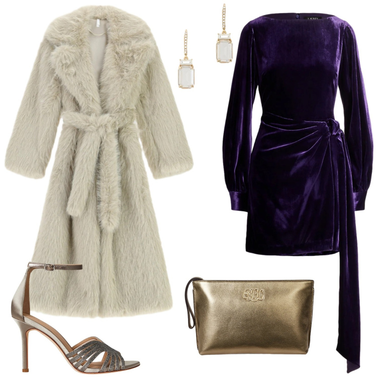 Outfit donna - Velvet a dicembre. Stile Chic per Serata fuori. Abbinamento con cappotti, vestiti, pochette, sandali gioiello, orecchini.