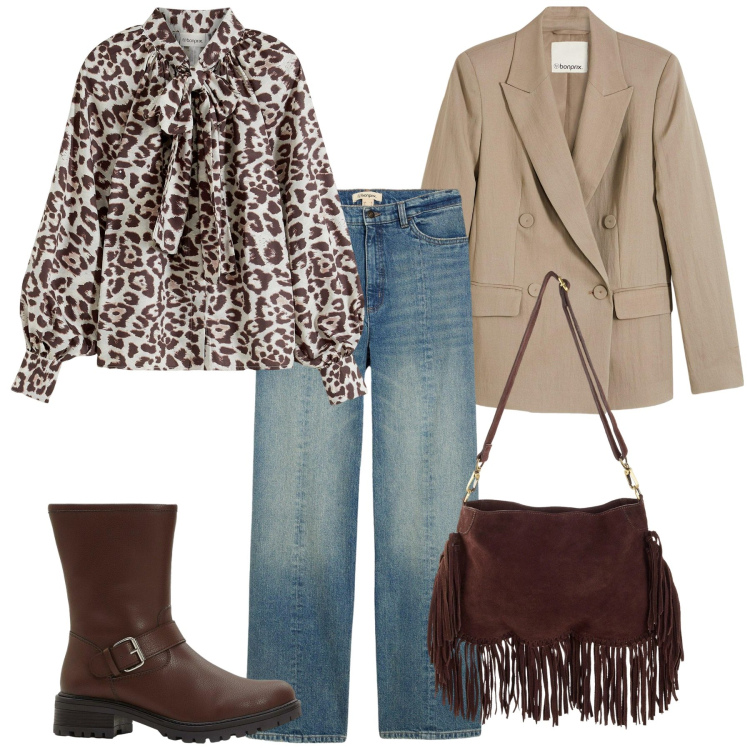 Outfit donna - Fiocco bon ton. Stile Chic per Tutti i giorni. Abbinamento con blazer, jeans dritti, borse a tracolla, stivali, camicie.