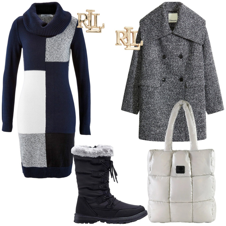 Outfit donna - Orecchini giallo oro. Stile Basic per Tutti i giorni. Abbinamento con vestiti midi/longuette, stivaletti, cappotti, orecchini, shopping bag.