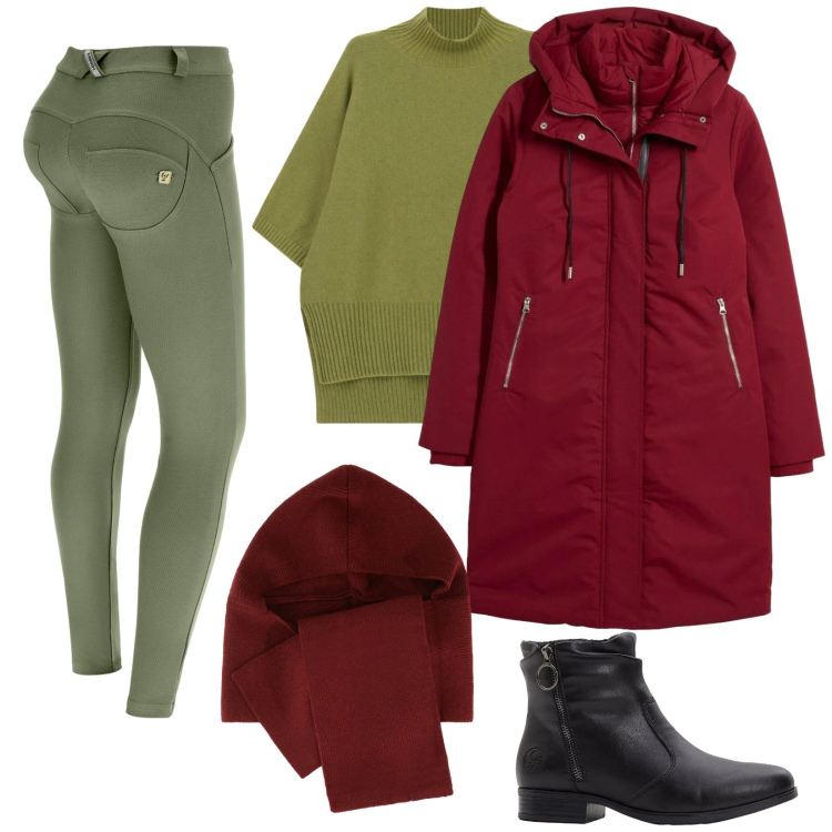 Outfit donna - Mi sento il Grinch. Stile Trendy per Tutti i giorni. Abbinamento con stivaletti, piumini, sciarpe, maglieria, pantaloni skinny.