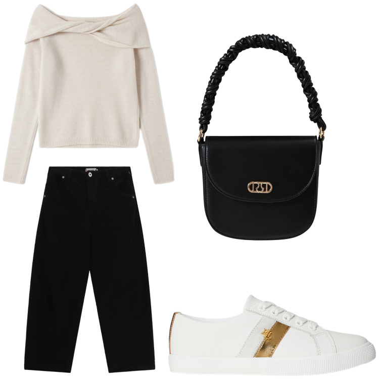 Outfit donna - Aperitivo. Stile Trendy per Tutti i giorni. Abbinamento con pantaloni, borse a mano, maglieria, sneakers.