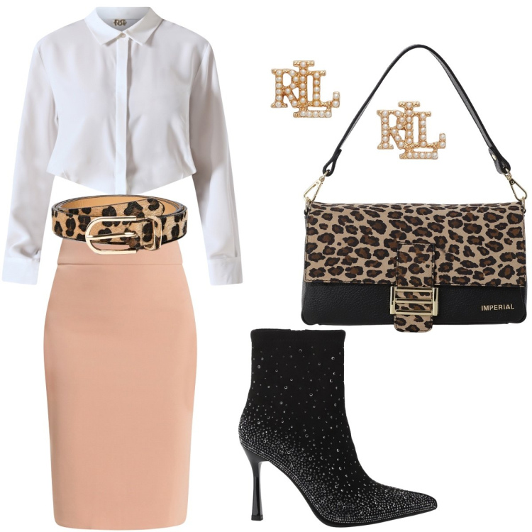 Outfit donna - Total look #2303886. Stile Chic per Serata fuori. Abbinamento con gonne, camicie, borse a spalla, stivaletti, orecchini, cinture.