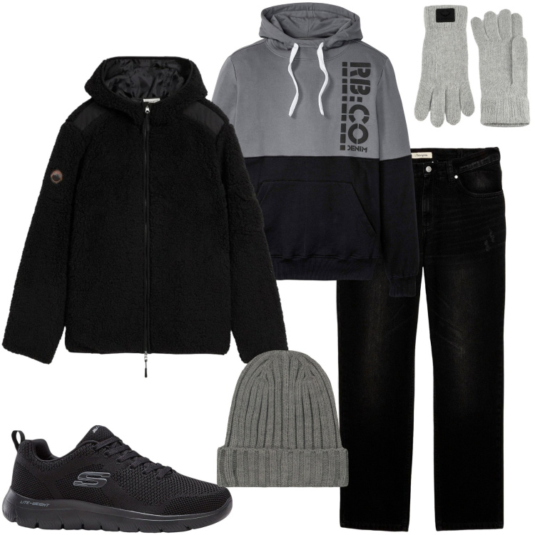 Outfit uomo - Dicembre in città. Stile Casual per Tutti i giorni. Abbinamento con felpe con cappuccio, sneakers, giacche, jeans, guanti, berretti.