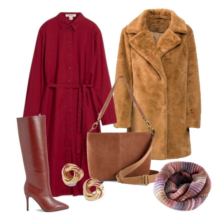 Outfit femme - Décembre. Style Tendance pour Tous les jours. Assortir avec fausses fourrures, sacs à main, snood, robes mi-longues/au genou, boucles d'oreilles, bottes.