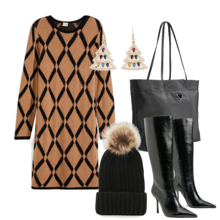 Outfit femme - Décembre. Style Tendance pour Tous les jours. Assortir avec robes, pendentifs, bonnets, sacs tote, bottes.