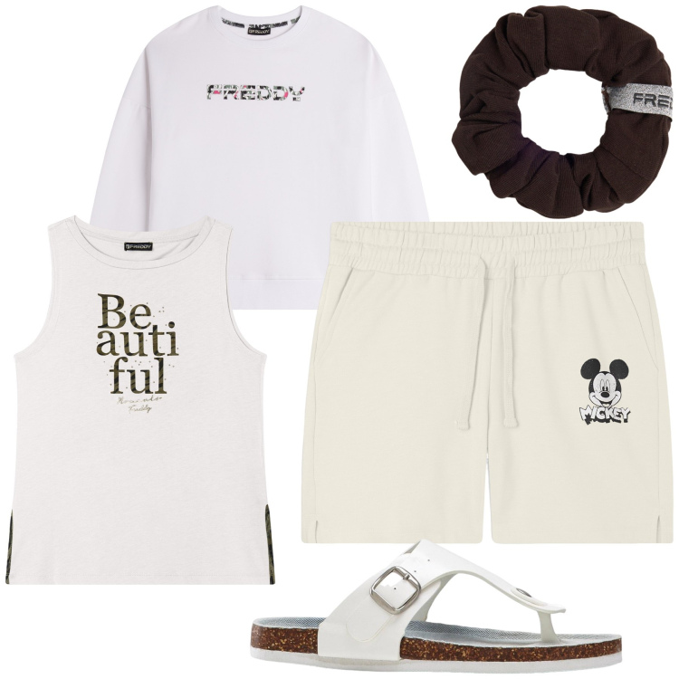 Outfit donna - Pigro risveglio domenicale. Stile Basic per Tutti i giorni. Abbinamento con infradito, felpe con cappuccio, canottiere, pantaloni corti, accessori per capelli.