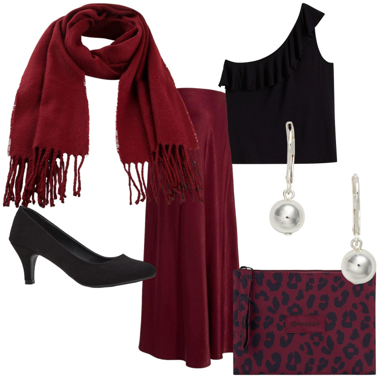 Outfit donna - Un party natalizio. Stile Glamour per Serata fuori. Abbinamento con gonne, décolleté, sciarpe, top, clutch, orecchini.