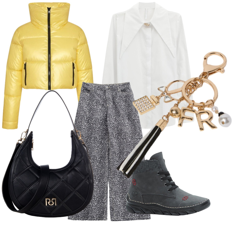 Outfit donna - Città. Stile Urban per Tutti i giorni. Abbinamento con stivaletti, pantaloni, borse a tracolla, camicie, piumini, portachiavi.