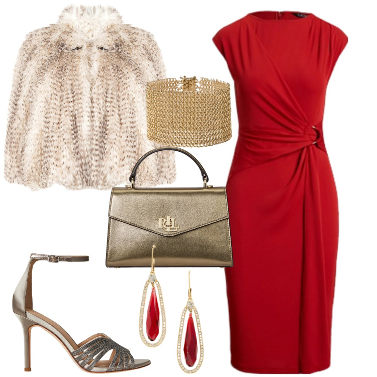 Outfit donna - Serata evento. Stile Chic per Serata fuori. Abbinamento con ecopellicce, vestiti, sandali gioiello, borse a mano, orecchini, braccialetti.