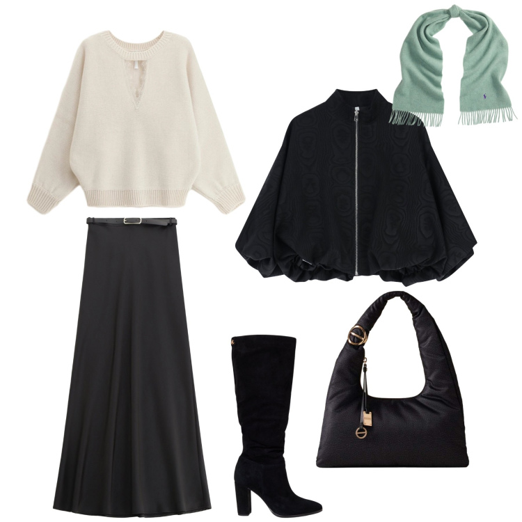 Outfit donna - Quel dettaglio colorato. Stile Bon Ton per Tutti i giorni. Abbinamento con maglieria, gonne lunghe, bomber, borse a mano, stivali, sciarpe.