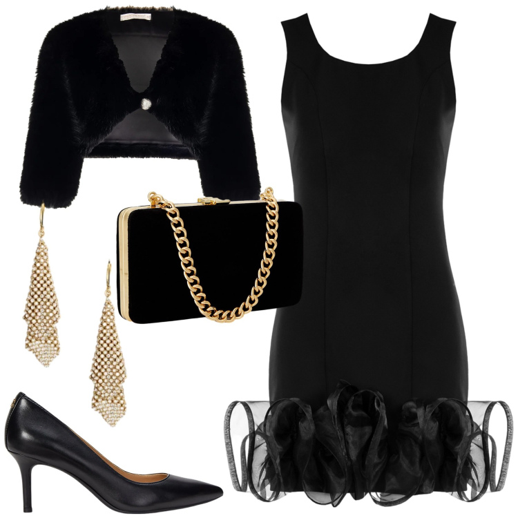 Outfit donna - Serata. Stile Chic per Serata fuori. Abbinamento con vestiti a tubino, bolero, clutch, décolleté, orecchini.