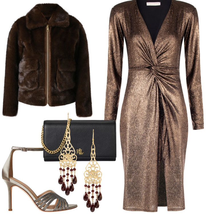 Outfit donna - Capodanno. Stile Glamour per Serata fuori. Abbinamento con ecopellicce, vestiti a tubino, orecchini, sandali gioiello, borse a tracolla.