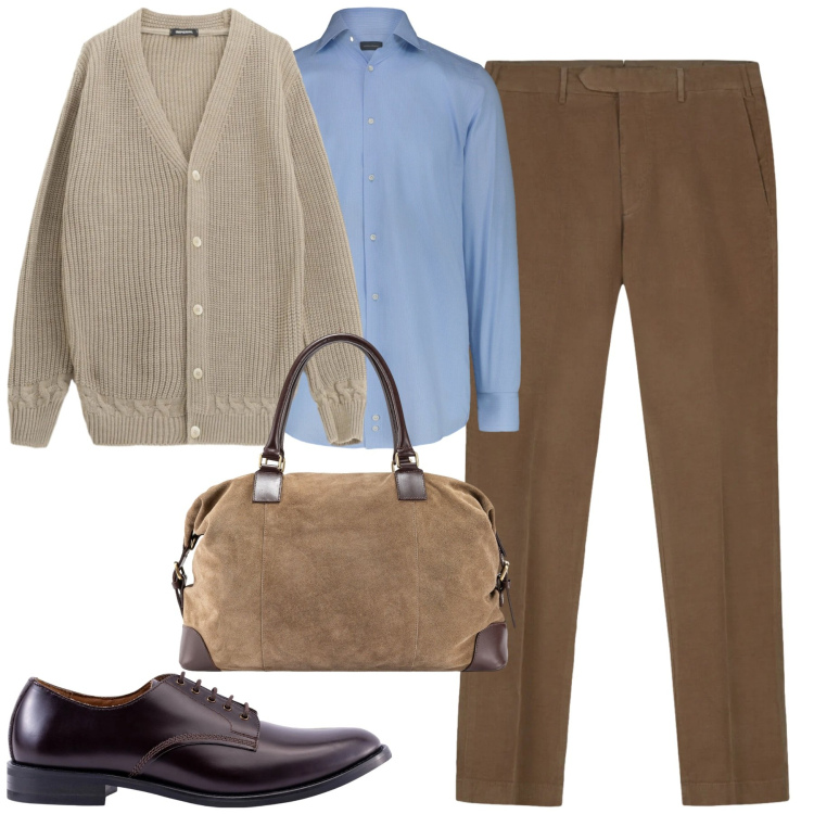 Outfit uomo - City. Stile Urban per Tutti i giorni. Abbinamento con cardigans, camicie, scarpe stringate, borse sportive, pantaloni.