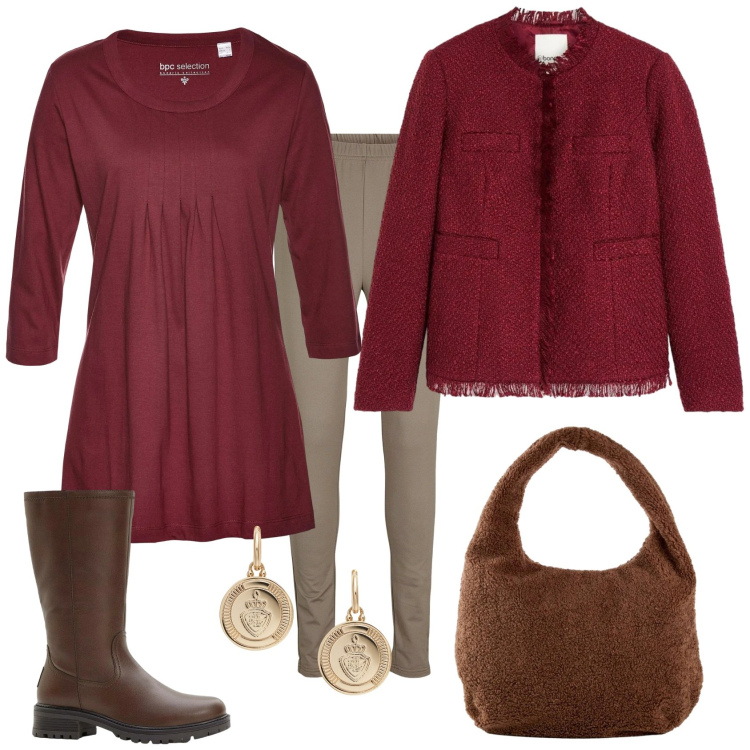 Outfit donna - Total look #2303934. Stile Casual chic per Ufficio. Abbinamento con maglieria, cappotti, leggings, shopping bag, stivali, orecchini.