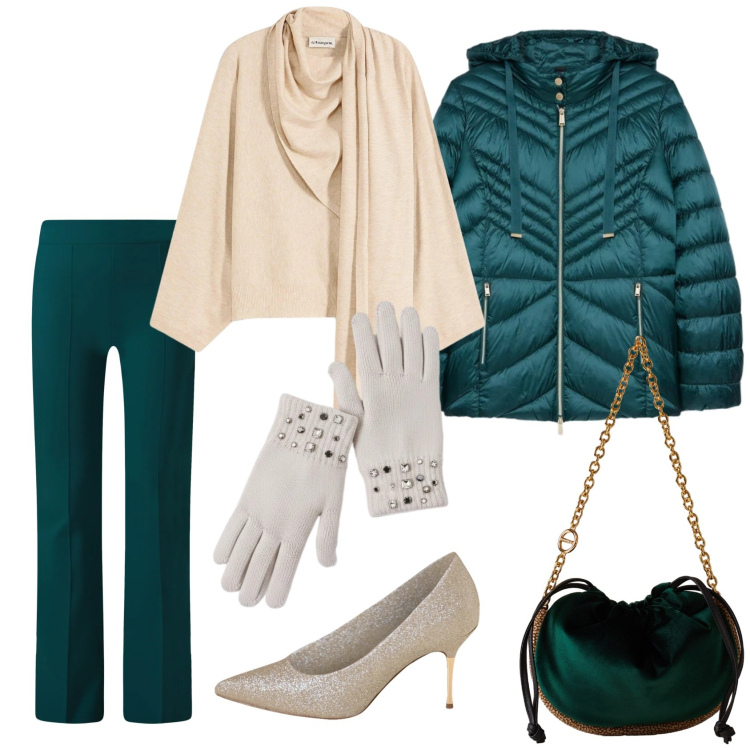 Outfit donna - Total look #2303936. Stile Chic per Serata fuori. Abbinamento con maglieria, pantaloni a palazzo, guanti, décolleté, borse a spalla, piumini.