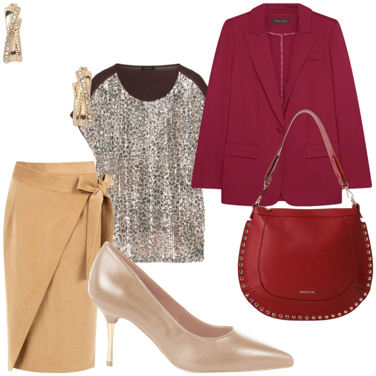 Outfit donna - Total look #2303940. Stile Glamour per Serata fuori. Abbinamento con décolleté, gonne longuette, borse a spalla, orecchini, bluse, blazer.
