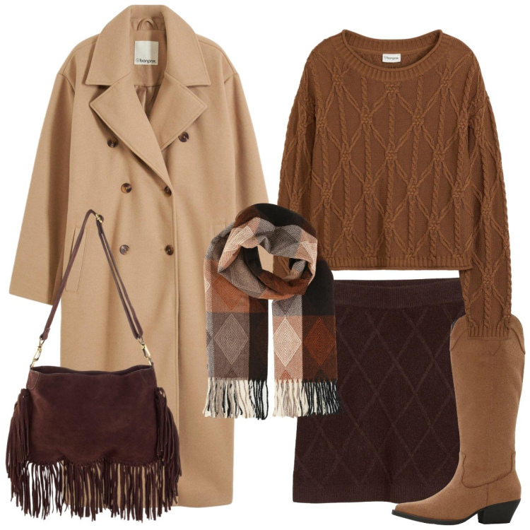 Outfit donna - Losanghe. Stile Casual per Tutti i giorni. Abbinamento con cappotti, gonne longuette, stivali, borse a tracolla, maglieria, sciarpe.